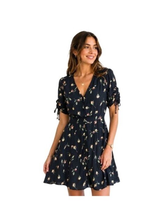 PAIGE Dresses & Skirts - Paige Floral Print Midi Casual Dress Ruched Sleeves V-Neckline Navy Size XS  New